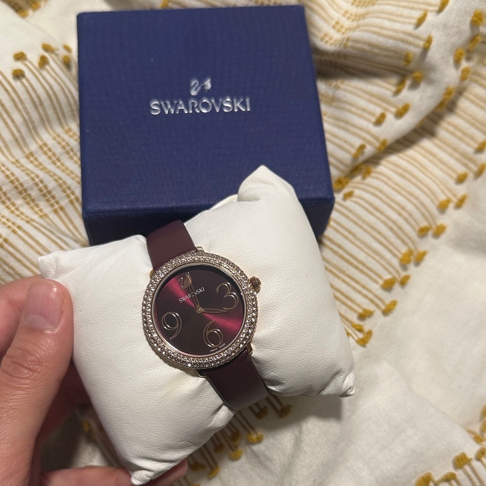 Swarovski Burgundy and Gold Watch with Crystal Bezel